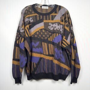 Vintage Progetto Purple Gold Patterned Long Sleeve Wool Sweater Men's 2X